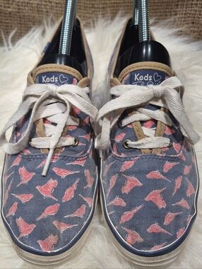 Keds X Taylor Swift Blue Canvas Sneakers with Pink Bird Pattern Womens 7.5